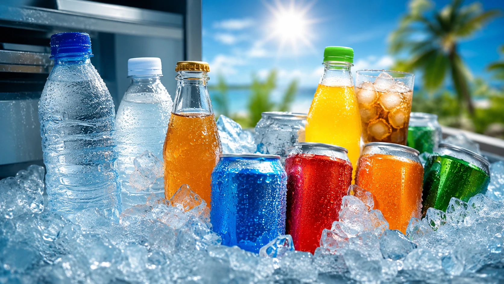 Chilled bottled water and soft drinks surrounded by ice on a hot summer day