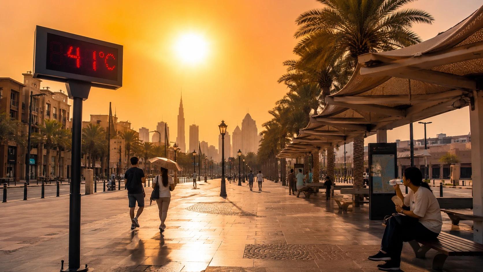 Extreme summer heatwave with a city temperature display showing 41°C